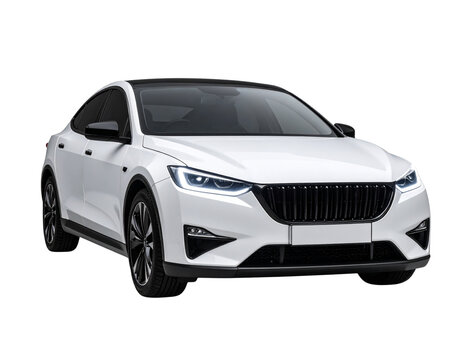 Futuristic Electric Sedan Front View with LED Strip Headlights, Isolated on White Background (2) - Powered by Adobe