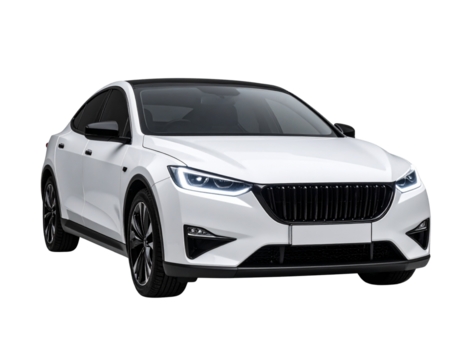 Futuristic Electric Sedan Front View with LED Strip Headlights, Isolated on White Background (2)