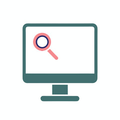 Computer with search outline vector icon on white background