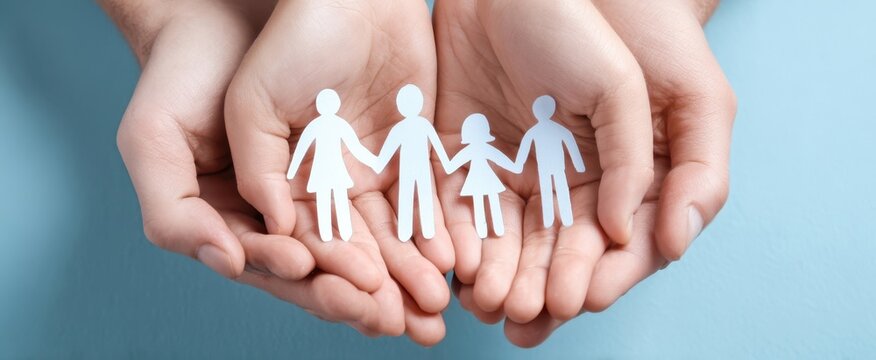 The hands holding paper figures representing family and unity in a supportive environment.