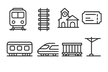 Railway Line Icons. Line style icons of railway transport: train, railroad track, railway station, ticket icon. sleeper coach,