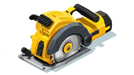 Fototapeta premium Isometric yellow electric circular saw with gray blade cover & metal baseplate