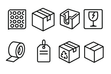 Delivery Packaging Icons. Line style icons of delivery packaging: bubble wrap, sealed box, fragile sticker, foam insert. tape roll