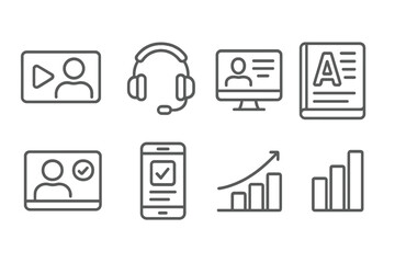 Online Education Icons. Line style icons of online education: video lecture, headset, computer screen, digital textbook.