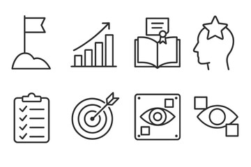 Educational Icon Set. Line style icons of educational goals: goal flag, progress chart, study milestone, motivation star.