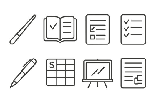 Teacher Tools Icons. Line style icons of teacher tools: pointer stick, grade book, lesson plan, attendance list. red pen, class