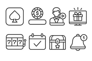 Casino App Line Icons. Line style icons of casino apps: app icon, chip balance, live play, digital bonus. slot spin, daily login,