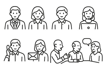Office Worker Icons. Line style icons of office workers: manager icon, team member, intern character, remote employee. phone call,