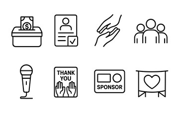 Charity Event Icons. Line style icons of charity event: donation box, fundraiser form, helping hands, community group. microphone