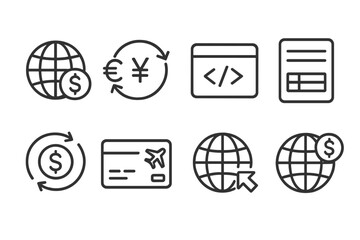 International Banking Icons. Line style icons of international banking: globe with dollar, foreign currency, SWIFT code, IBAN form