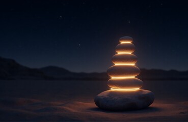 Floating zen stones with glowing light rings, night desert setting, conceptual photography for mindfulness and energy balance themes