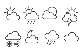 Weather Icons Collection. Line style icons of weather symbols: partly cloudy, mixed rain and sun, sun behind clouds, thunder with