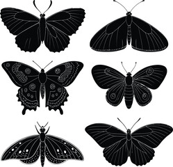 Collection of Six Black Butterfly Silhouettes – Vector Set