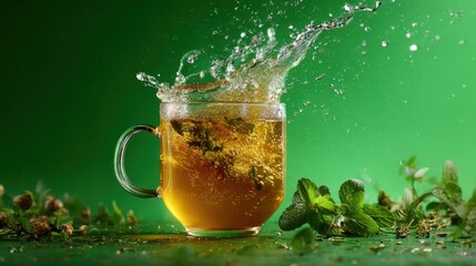 Refreshing splash of herbal tea in a glass mug, vibrant green background, capturing the essence of a natural beverage.