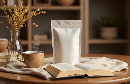 Glossy white standing pouch beside tea cup and book on wooden table, cozy daylight scene for herbal tea and relaxation product mockup