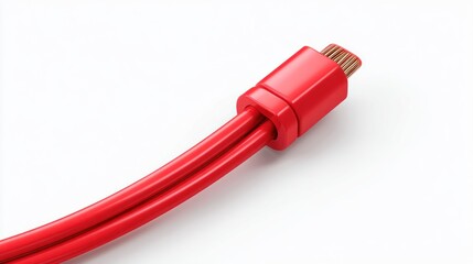 Close-up of a red, double-insulated cable with a red connector at the end, curved gently on a white background, showcasing its smooth surface and precise construction