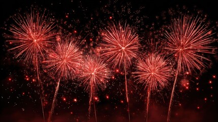 Stunning display of red fireworks bursting against a dark night sky, celebrating joy and festivity with vibrant colors.