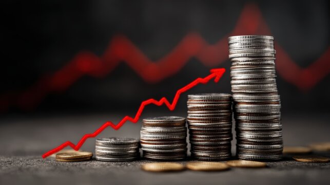 Stacks of coins signify financial growth, with a rising graph symbolizing success in investments and economics. - Powered by Adobe