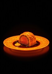 Delicious golden-brown pastry with filling on glowing orange plate with honey and leaf pattern, served as dessert or snack, illuminated dark background