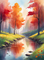 A serene digital painting of a tranquil river flowing through an autumn forest with vibrant red and orange foliage. Soft light and reflections create a peaceful scene.