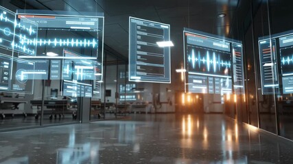 cinematic hospital interior with glowing digital health charts floating in air, futuristic theme - Powered by Adobe