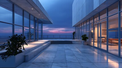 Stunning Modern Architectural Patio Overlooking the Ocean at Sunset with Elegant Design Elements