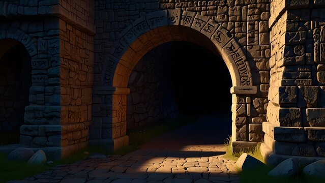 Ancient stone archway with carved symbols leading into darkness