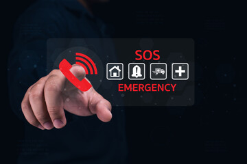 A hand presses a digital emergency SOS icon with symbols for home, alert, ambulance, and hospital...