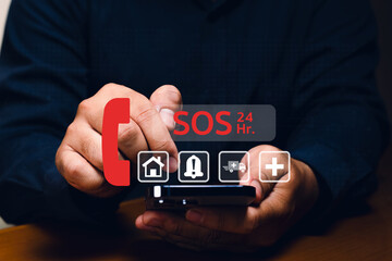 A person uses a smartphone with floating emergency icons and a red SOS 24 Hr. alert symbol above...