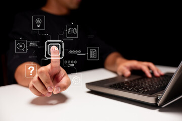 A person interacts with a virtual interface displaying of a Large Language Model (LLM) concept with AI and technology icons while using a laptop.
