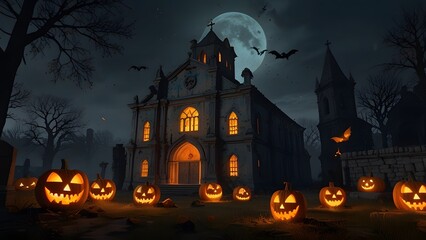 Spooky halloween night with glowing jack o lanterns in front of an old church