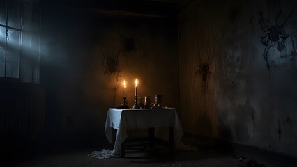 Eerie dimly lit room with a table set for a meal and spider drawings on the wall