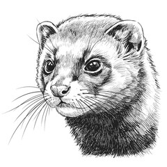 Obraz premium European Polecat Mustela putorius. A close-up hand-drawn illustration of a ferret’s face, showing intricate fur detail and expressive eyes. Rendered in a monochrome style with strong line work 