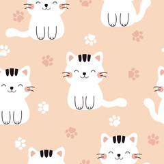 Cute seamless pattern with white cats and paws footprint. Vector illustration on pink background. It can be used for wallpapers, wrapping, cards, patterns for clothes and other.