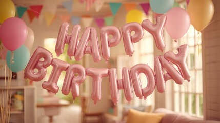'Happy Birthday' balloons suspended in a bright room, pastel decor and string lights