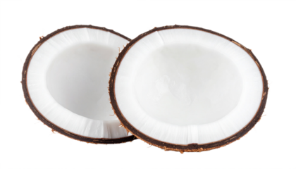 Two coconut halves showcase their white flesh on a transparent background, perfect for health, food, and tropical themes.
