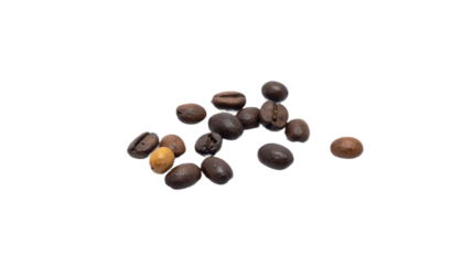 Dark roasted coffee beans showcase rich brown hues against a stark black backdrop, perfect for cafe or beverage design needs, transparent background
