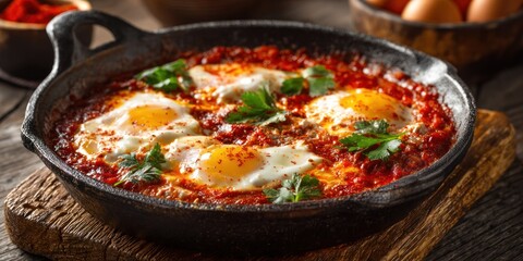 Shakshuka in a cast iron skillet presents a delicious Middle Eastern dish with poached eggs in a spiced tomato sauce, garnished with fresh parsley on a rustic wooden surface.