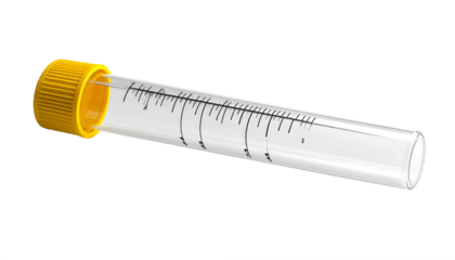 Scientific glass test tube with yellow cap on a transparent background displays lab equipment used in research and pharmaceutical studies.