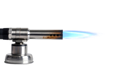 Intense blue flame emanating from a metal culinary torch against a stark black backdrop showcasing precision cooking, transparent background