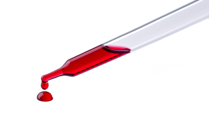 A glass pipette dispensing a vibrant red liquid drop against a stark black backdrop, suitable for scientific and medical concepts, transparent background
