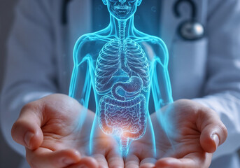 Advanced medical care: doctor's hands hold a glowing digital human digestive system, symbolizing futuristic health technology and gastroenterology