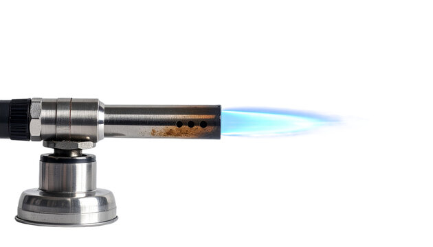 Intense blue flame emanating from a metal culinary torch against a stark black backdrop showcasing precision cooking, transparent background