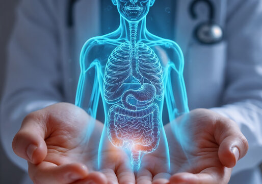 Advanced medical care: doctor's hands hold a glowing digital human digestive system, symbolizing futuristic health technology and gastroenterology