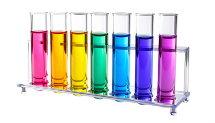 Colorful science experiment showcases six test tubes filled with vibrant liquids on a metal rack against a dark backdrop, transparent background