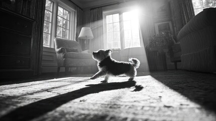 A small dog plays in a sunlit room