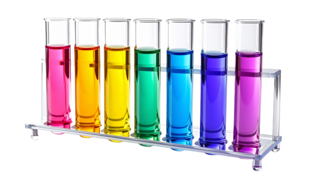 Colorful science experiment showcases six test tubes filled with vibrant liquids on a metal rack against a dark backdrop, transparent background