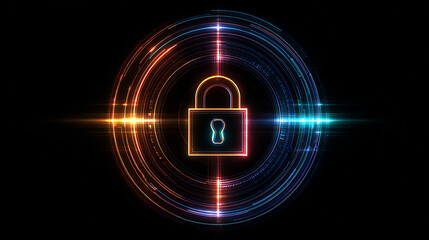Glowing digital padlock with circular light effects security technology