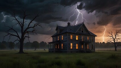 Old abandoned house battered by lightning storm in a dark eerie landscape