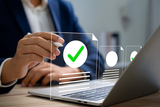 Businessman Approving Digital Documents with Check Mark for Online Verification and Compliance